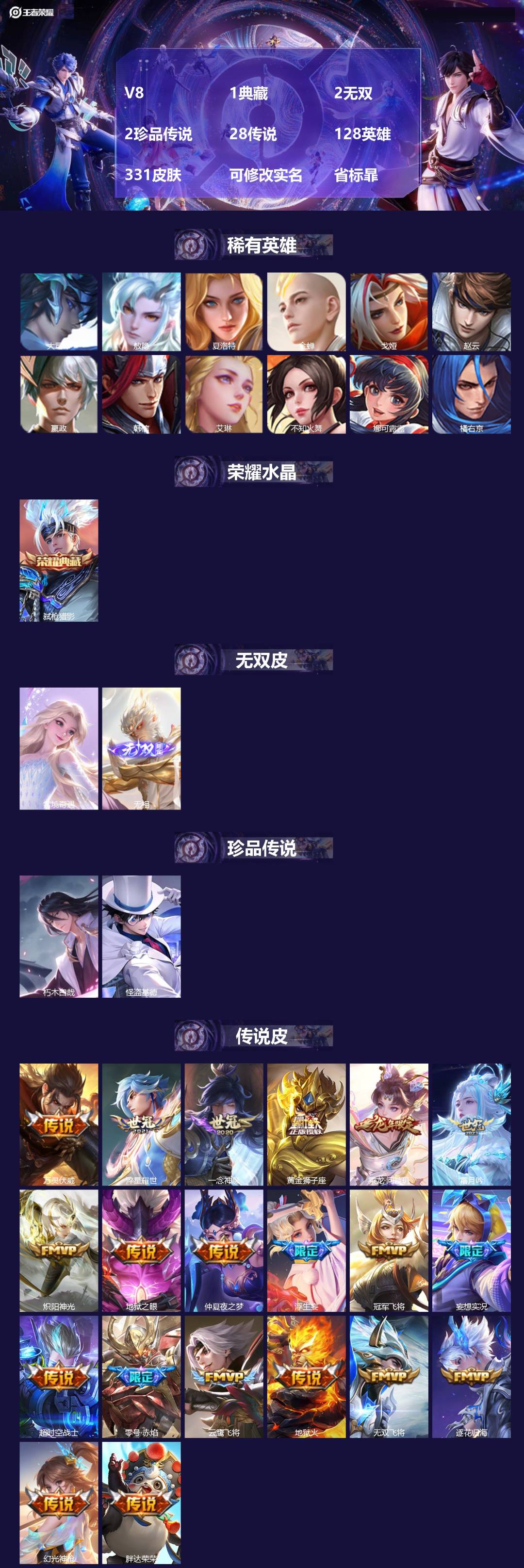 王者荣耀账号苹果QQV8 1典藏 2无双 2珍品传说 28传说 128英雄 331皮肤 可修改实名 省标暃
【英雄全皮】