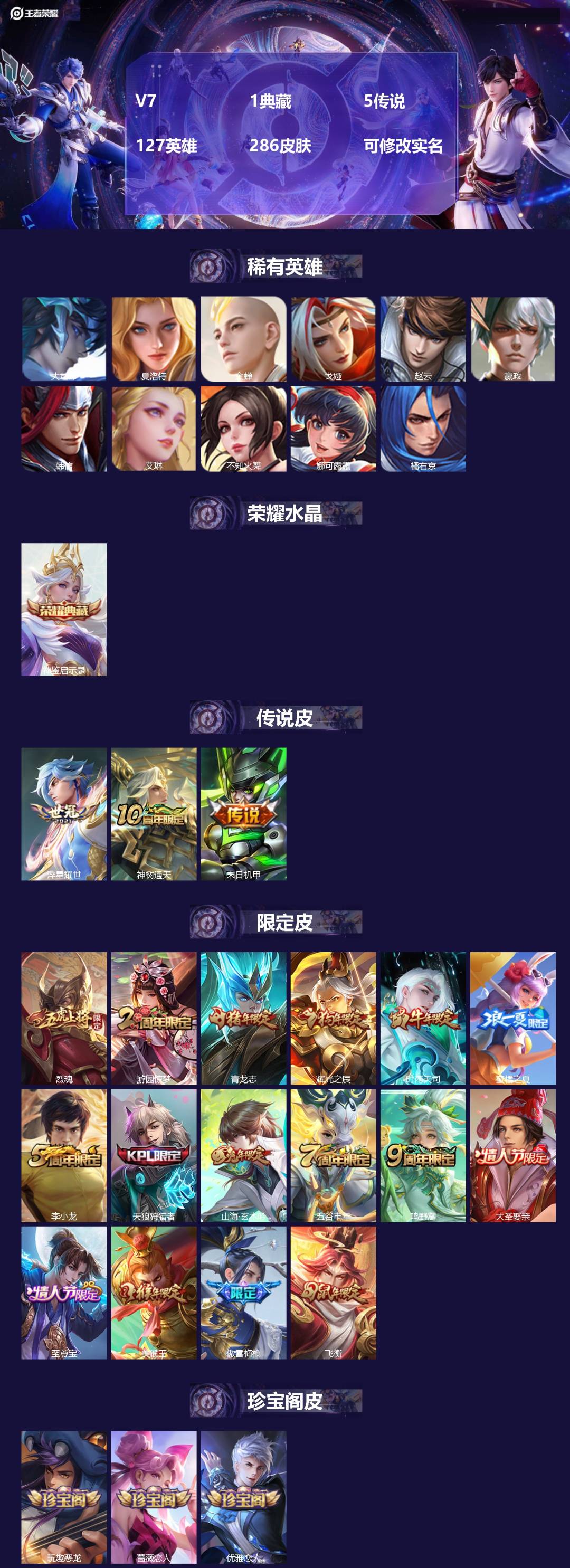 王者荣耀账号安卓QQ127英雄-286皮肤-[]V7 1典藏 5传说 127英雄 286皮肤 可修改实名 
【英雄全皮】
