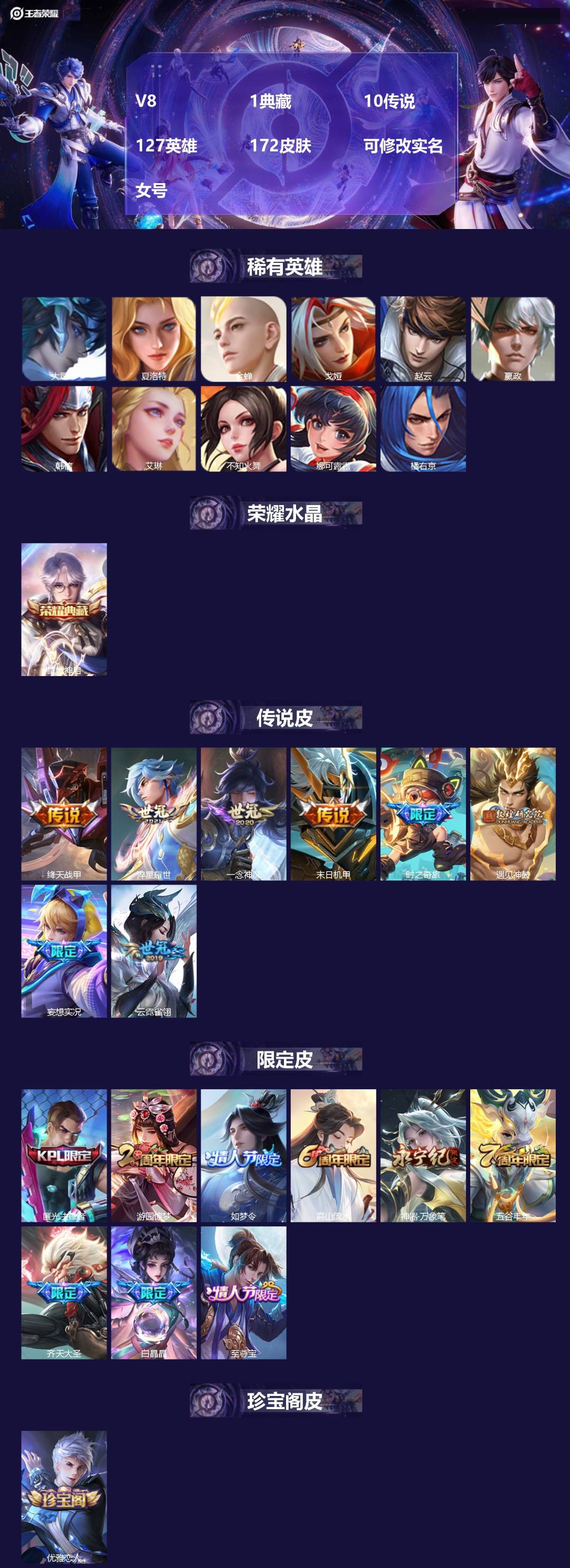 王者荣耀账号安卓VX127英雄-172皮肤-[]V8 1典藏 10传说 127英雄 172皮肤 可修改实名 女号 
【英