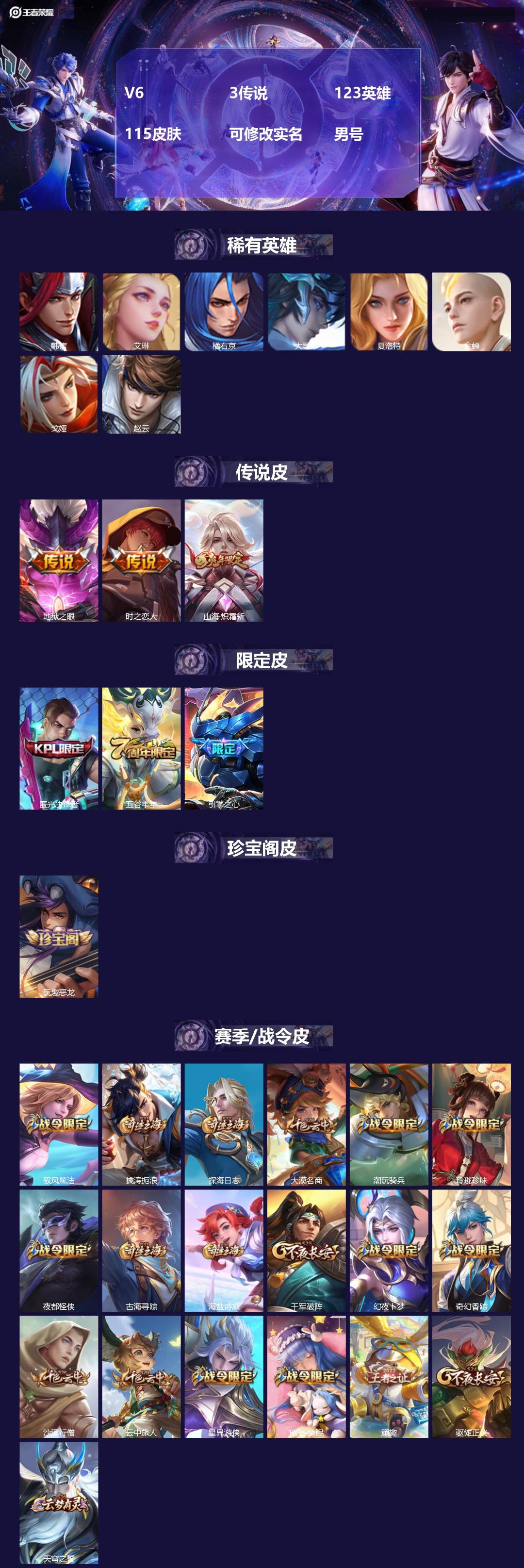 王者荣耀账号安卓QQV6 3传说 123英雄 115皮肤 可修改实名 男号 
【稀有英雄】大司命,韩信(韩跳跳),夏洛特