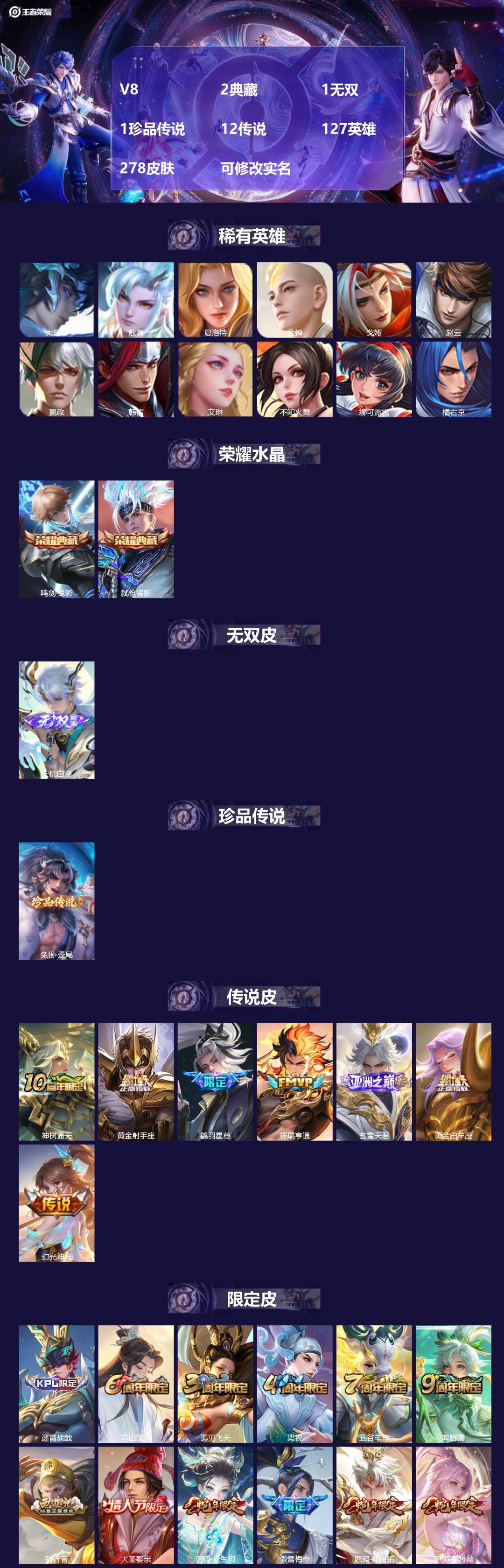 王者荣耀账号安卓QQ127英雄-278皮肤-[]V8 2典藏 1无双 1珍品传说 12传说 127英雄 278皮肤 可修