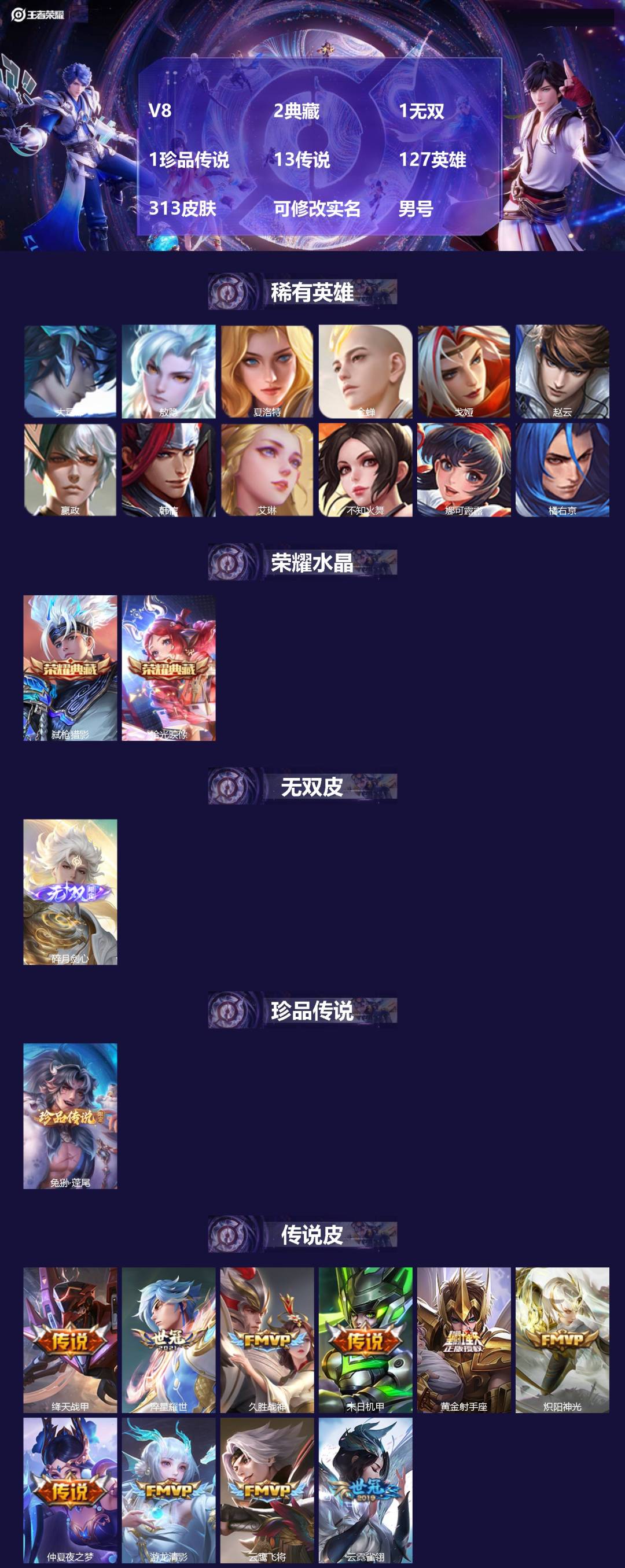 王者荣耀账号安卓QQV8 2典藏 1无双 1珍品传说 13传说 127英雄 313皮肤 可修改实名 男号 
【英雄全皮】