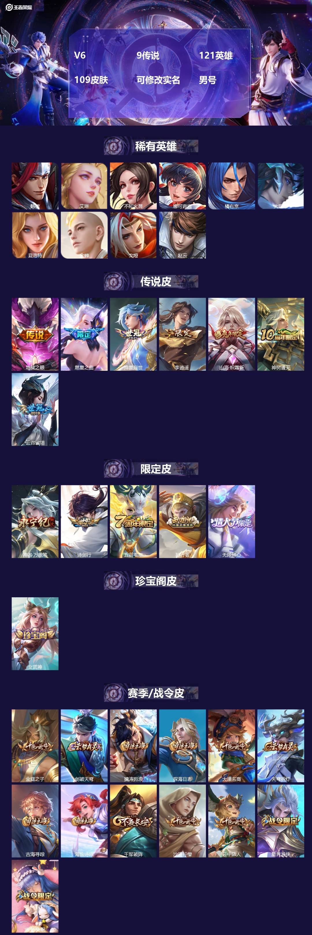 王者荣耀账号安卓QQV6 9传说 121英雄 109皮肤 可修改实名 男号 
【稀有英雄】大司命,韩信(韩跳跳),夏洛特