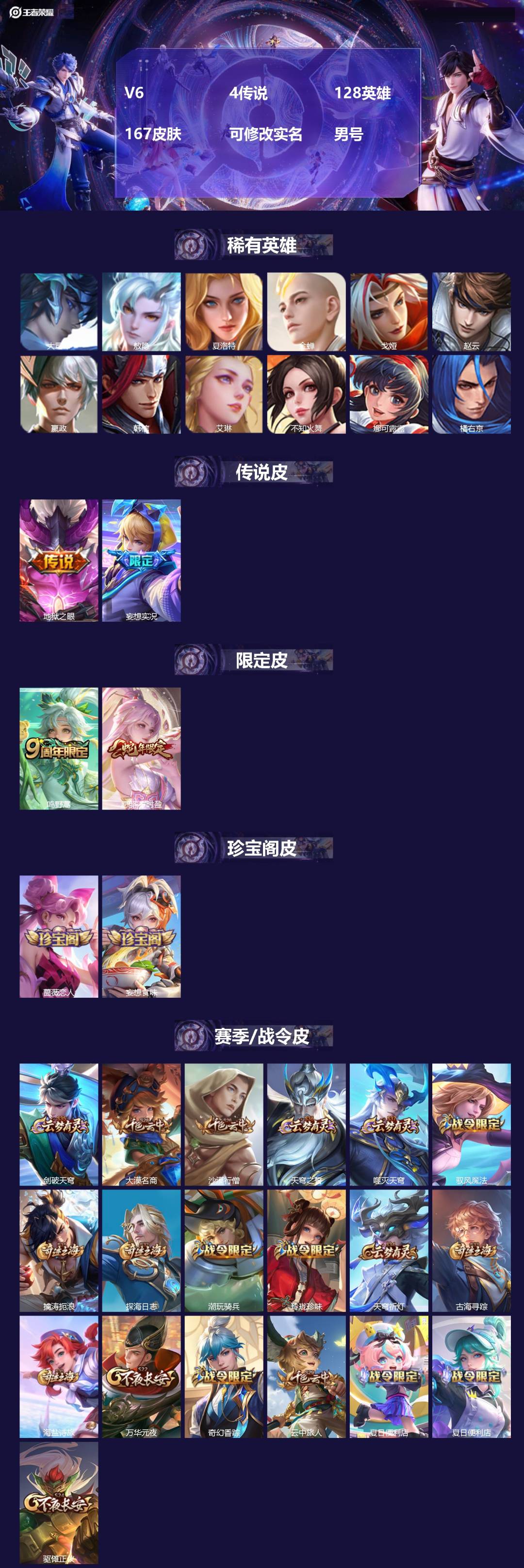 王者荣耀账号安卓QQ128英雄-167皮肤-[]V6 4传说 128英雄 167皮肤 可修改实名 男号 
【英雄全皮】敖