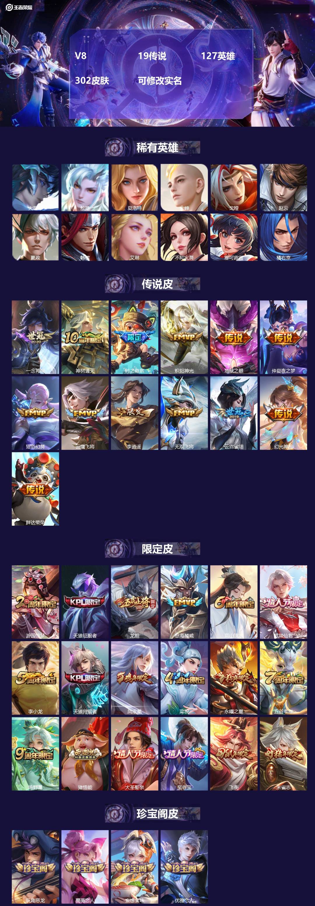 王者荣耀账号安卓QQV8 19传说 127英雄 302皮肤 可修改实名 
【英雄全皮】敖隐全皮,猪八戒全皮,影全皮
【稀