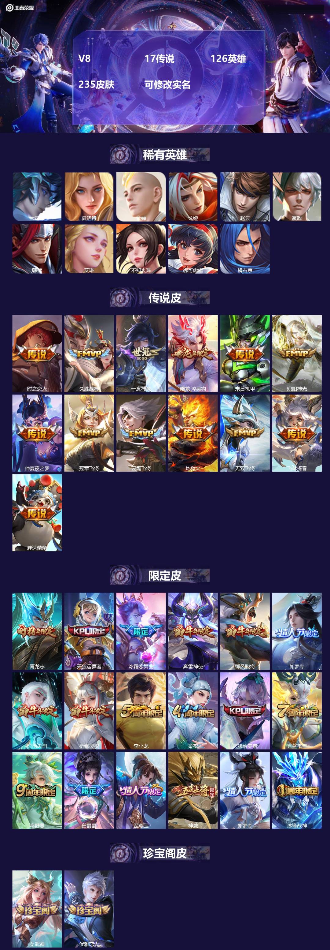 王者荣耀账号苹果QQV8 17传说 126英雄 235皮肤 可修改实名 
【稀有英雄】大司命,嬴政(始皇帝),韩信(韩跳