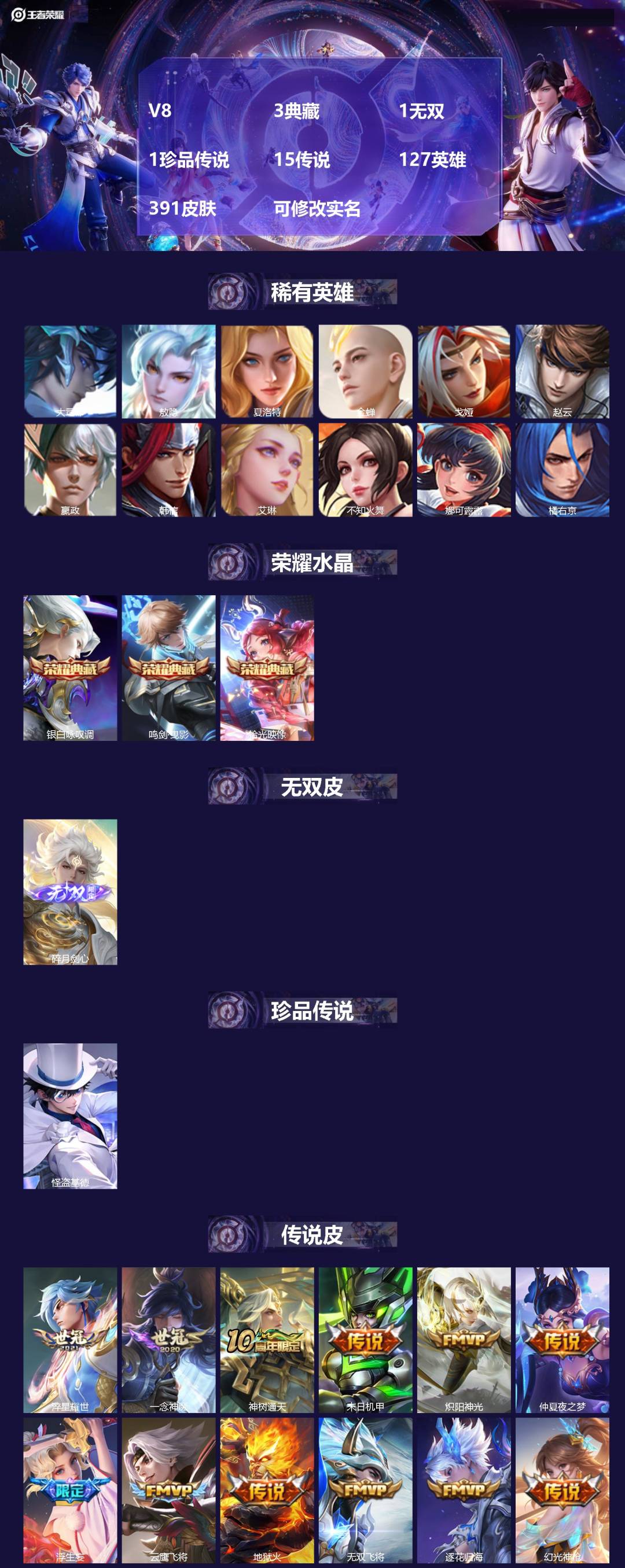 王者荣耀账号安卓QQ127英雄-391皮肤-[]V8 3典藏 1无双 1珍品传说 15传说 127英雄 391皮肤 可修
