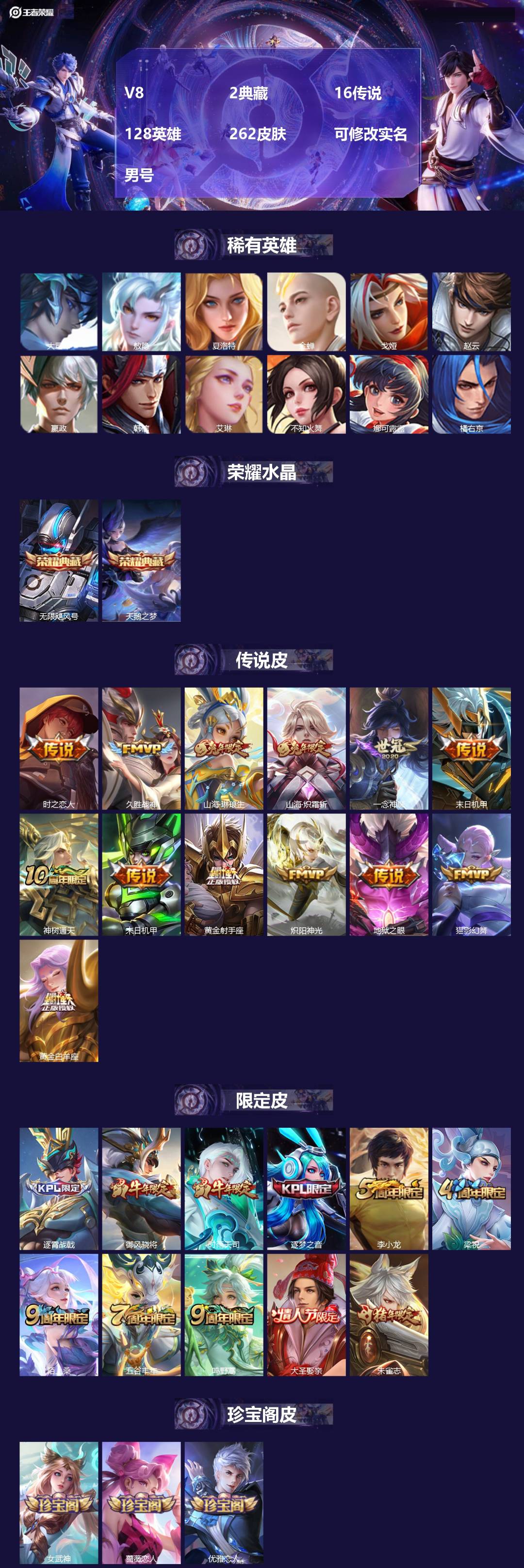 王者荣耀账号安卓QQV8 2典藏 16传说 128英雄 262皮肤 可修改实名 男号 
【英雄全皮】李信全皮,敖隐全皮,