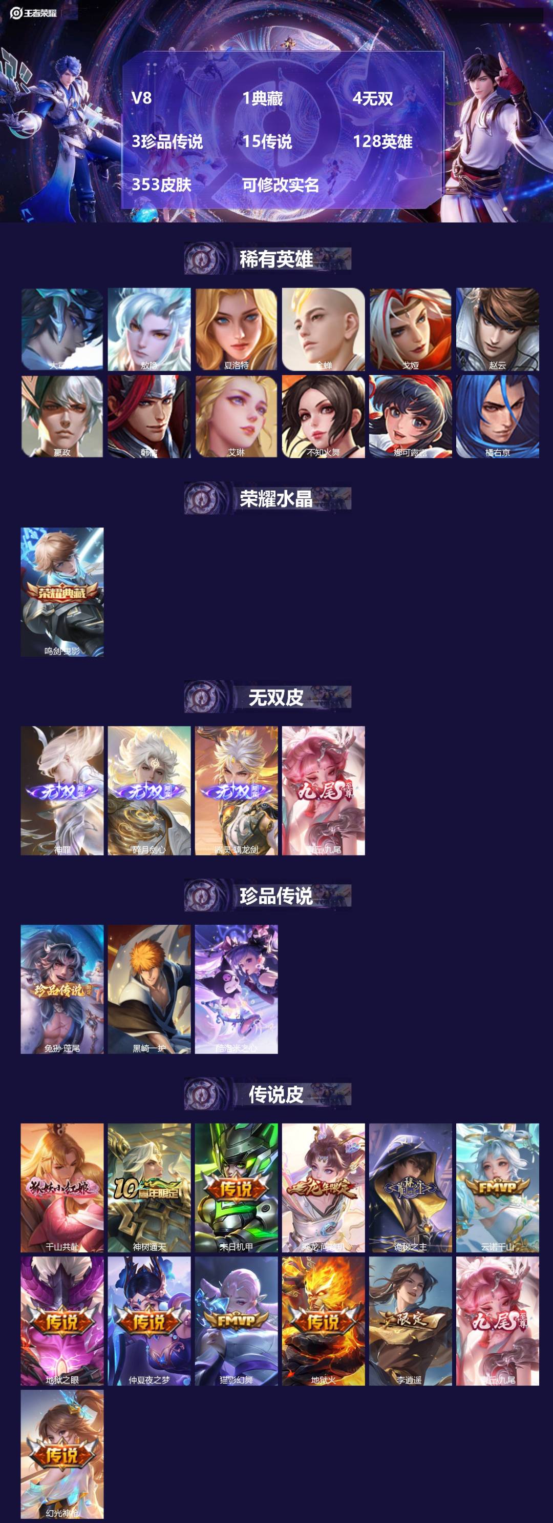 王者荣耀账号苹果QQV8 1典藏 4无双 3珍品传说 15传说 128英雄 353皮肤 可修改实名 
【英雄全皮】元歌全