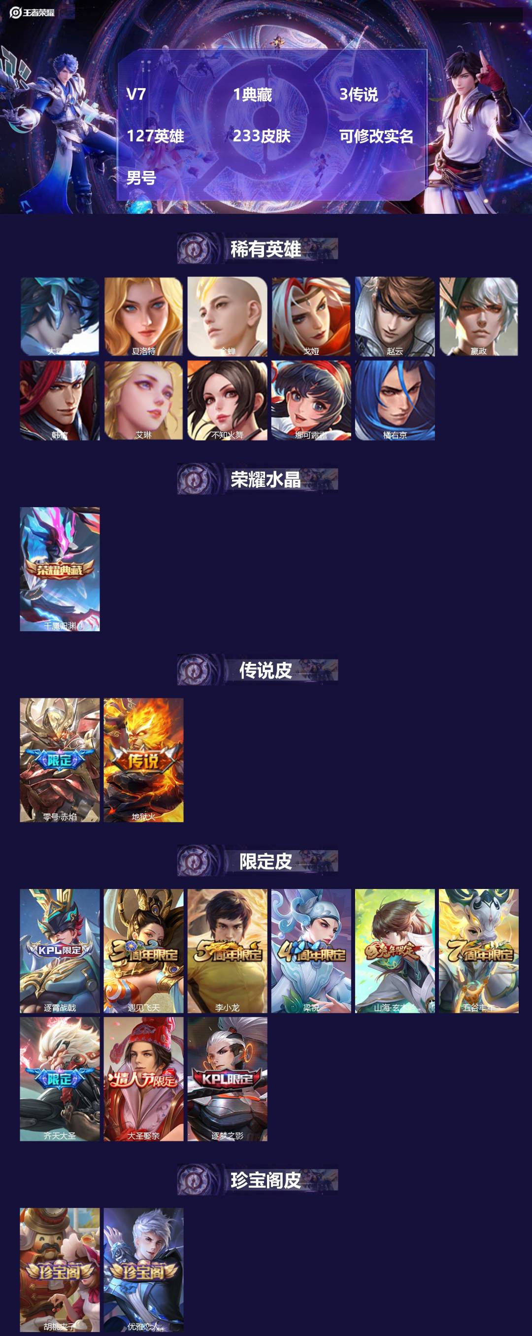 王者荣耀账号苹果VXV7 1典藏 3传说 127英雄 233皮肤 可修改实名 男号 
【英雄全皮】蚩奼全皮,大禹全皮
【