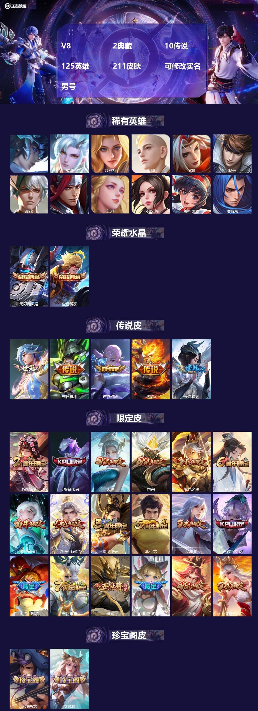 王者荣耀账号安卓QQV8 2典藏 10传说 125英雄 211皮肤 可修改实名 男号 
【英雄全皮】敖隐全皮
【稀有英雄