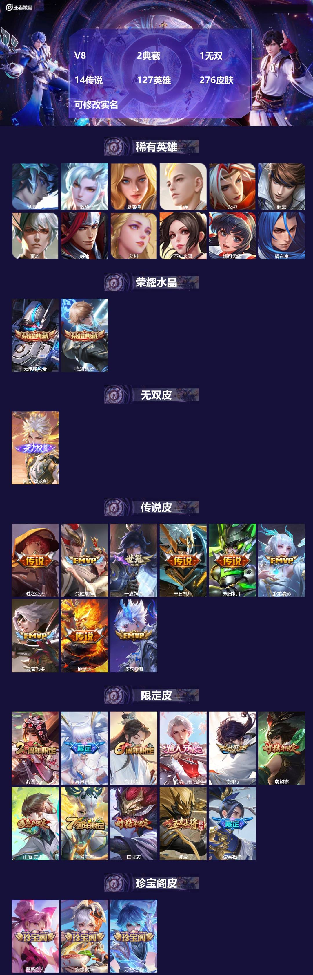 王者荣耀账号安卓QQ127英雄-276皮肤-[]V8 2典藏 1无双 14传说 127英雄 276皮肤 可修改实名 
【