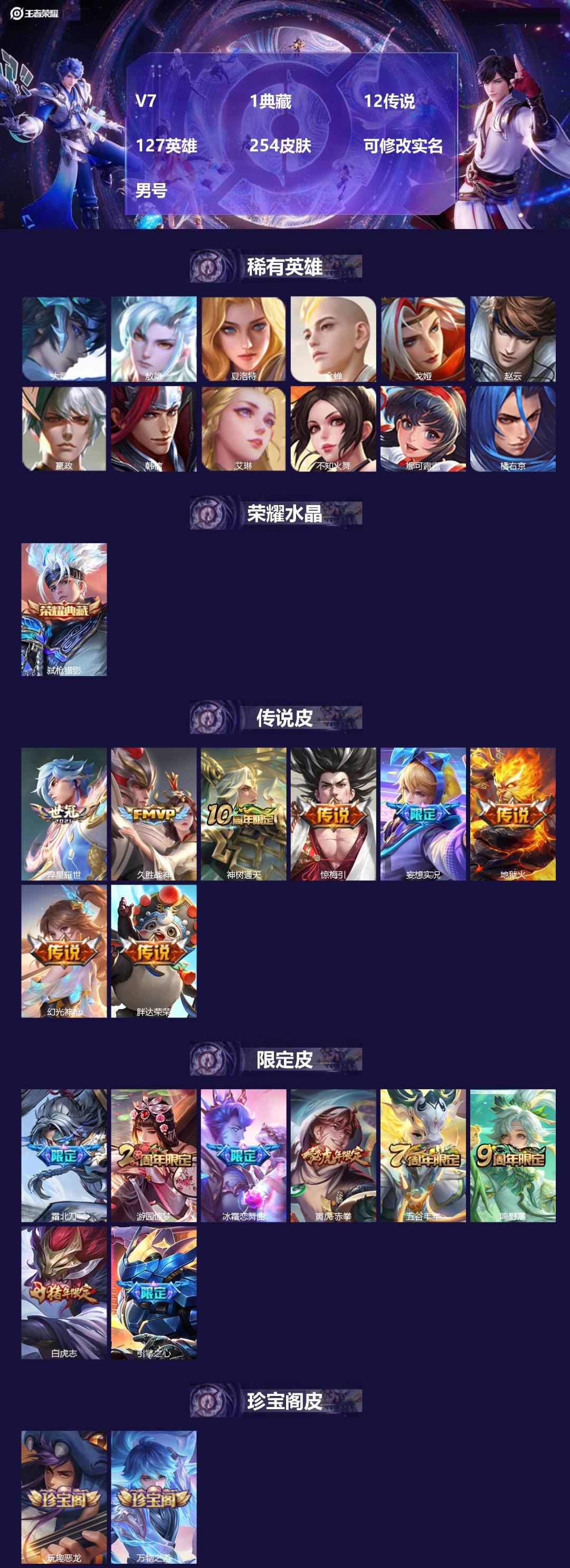 王者荣耀账号安卓VXV7 1典藏 12传说 127英雄 254皮肤 可修改实名 男号 
【英雄全皮】敖隐全皮,孙权全皮
