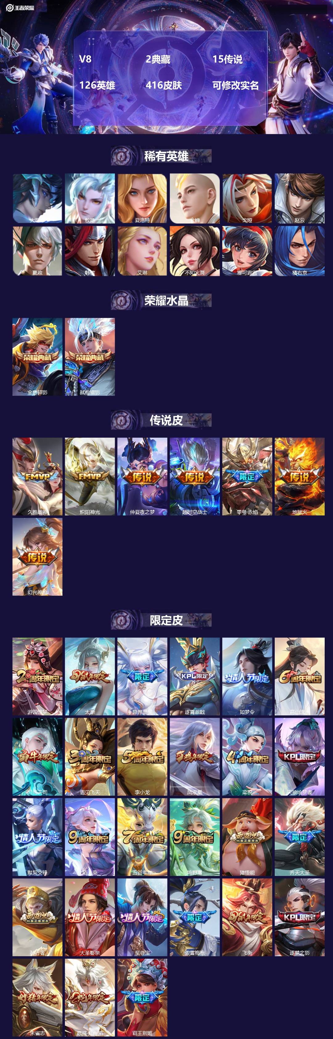 王者荣耀账号苹果QQ126英雄-416皮肤-[]V8 2典藏 15传说 126英雄 416皮肤 可修改实名 
【英雄全皮