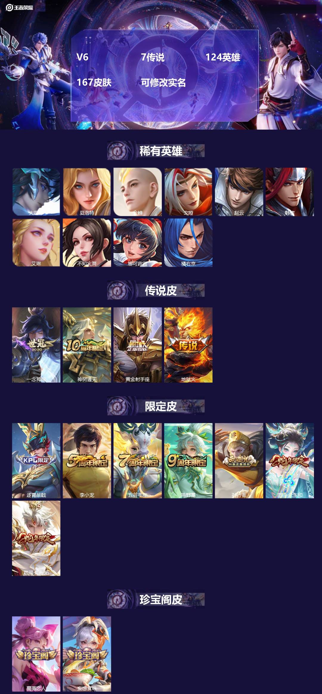 王者荣耀账号安卓QQV6 7传说 124英雄 167皮肤 可修改实名 
【稀有英雄】大司命,韩信(韩跳跳),夏洛特(夏师