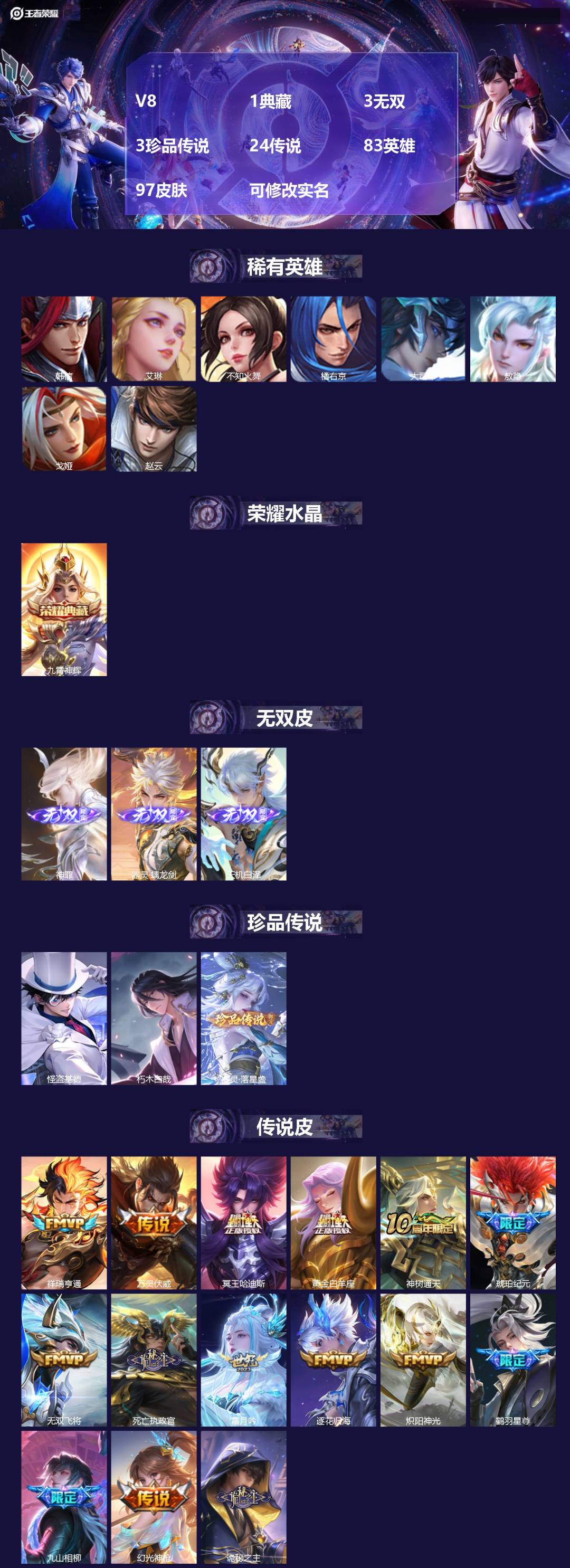 王者荣耀账号苹果QQV8 1典藏 3无双 3珍品传说 24传说 83英雄 97皮肤 可修改实名 
【英雄全皮】敖隐全皮,