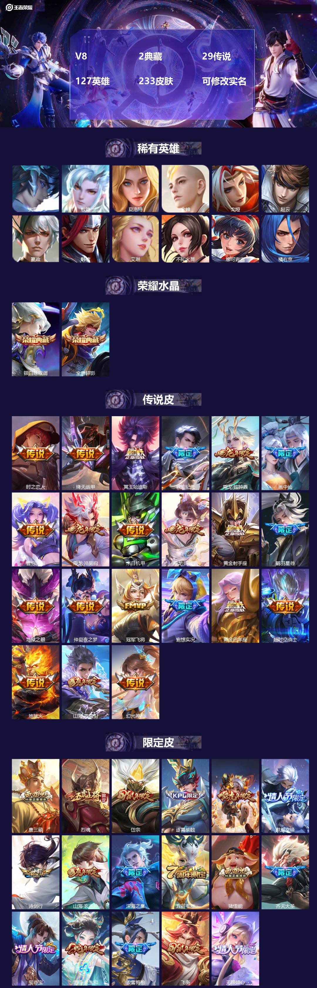 王者荣耀账号苹果QQV8 2典藏 29传说 127英雄 233皮肤 可修改实名 
【英雄全皮】敖隐全皮,孙权全皮,影全皮