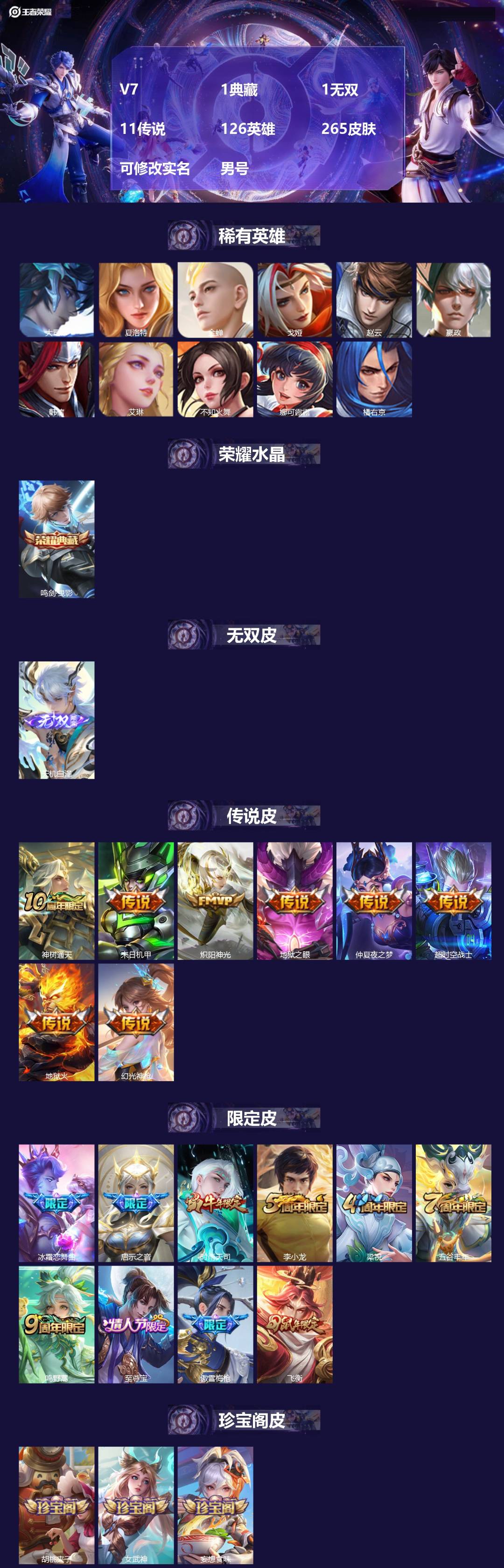 王者荣耀账号苹果QQV7 1典藏 1无双 11传说 126英雄 265皮肤 可修改实名 男号 
【英雄全皮】蚩奼全皮
【