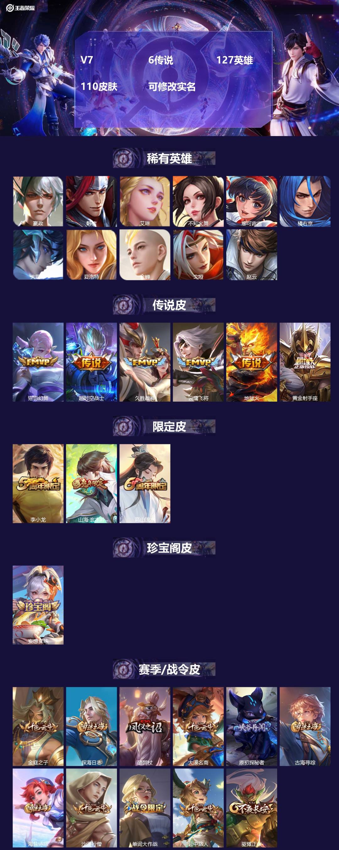 王者荣耀账号苹果QQV7 6传说 127英雄 110皮肤 可修改实名 
【英雄全皮】蚩奼全皮,大禹全皮
【稀有英雄】大司
