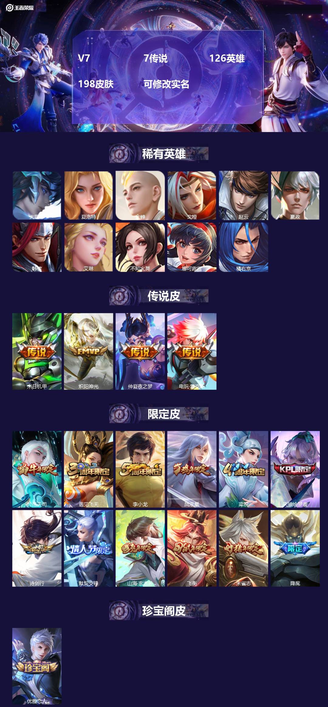 王者荣耀账号苹果QQV7 7传说 126英雄 198皮肤 可修改实名 
【稀有英雄】大司命,嬴政(始皇帝),韩信(韩跳跳
