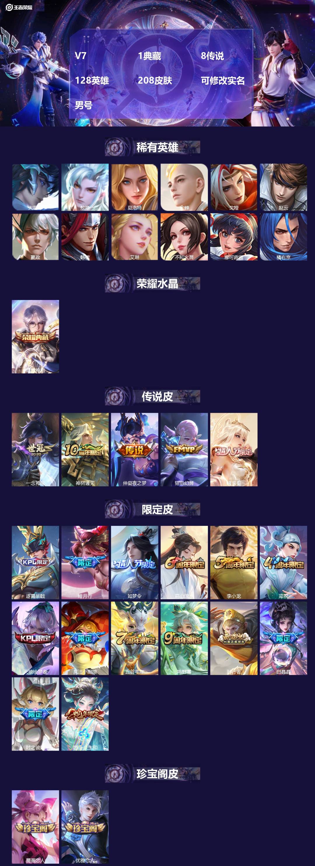 王者荣耀账号苹果QQV7 1典藏 8传说 128英雄 208皮肤 可修改实名 男号 
【英雄全皮】敖隐全皮,大禹全皮
【