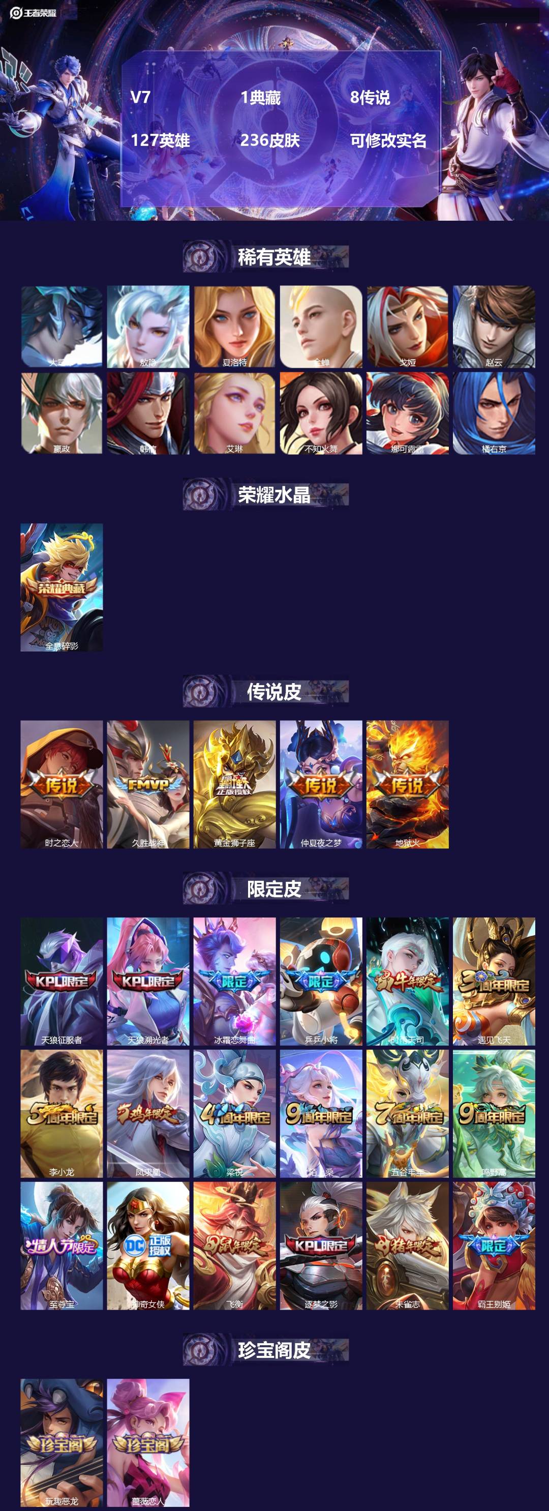 王者荣耀账号苹果QQ127英雄-236皮肤-[]V7 1典藏 8传说 127英雄 236皮肤 可修改实名 
【英雄全皮】