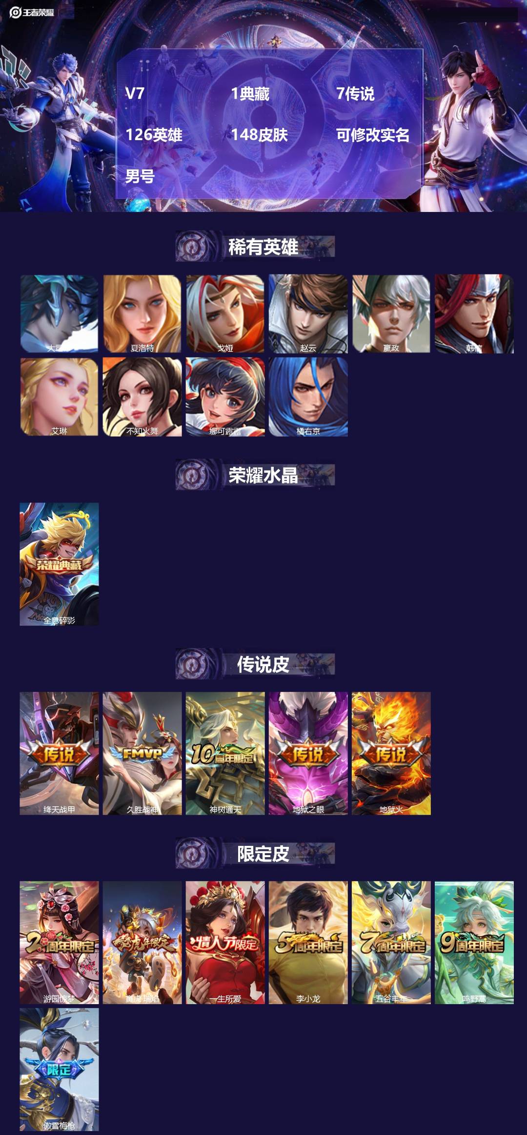 王者荣耀账号苹果QQ126英雄-148皮肤-[]V7 1典藏 7传说 126英雄 148皮肤 可修改实名 男号 
【英雄