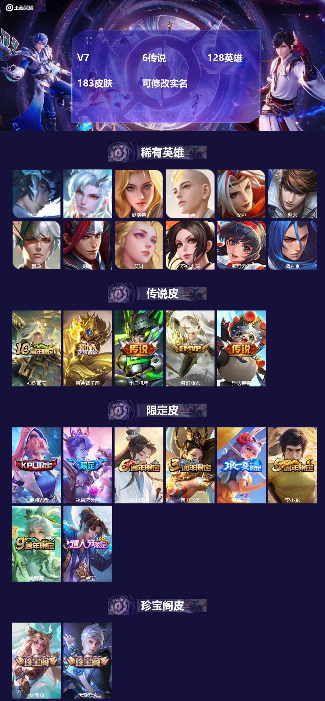 王者荣耀账号安卓QQV7 6传说 128英雄 183皮肤 可修改实名 
【英雄全皮】敖隐全皮,大禹全皮
【稀有英雄】敖隐