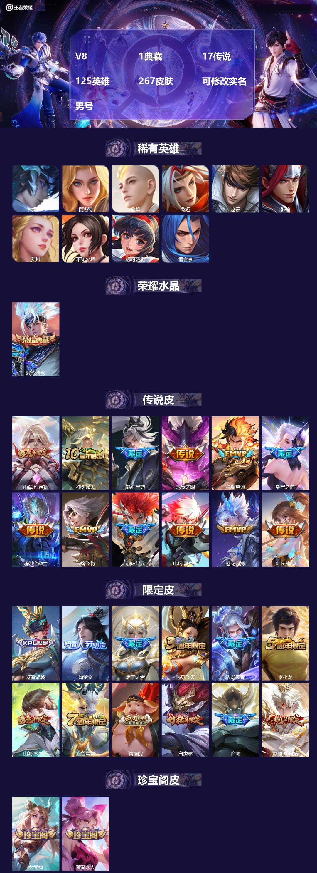 王者荣耀账号苹果VX125英雄-267皮肤-[]V8 1典藏 17传说 125英雄 267皮肤 可修改实名 男号 
【英