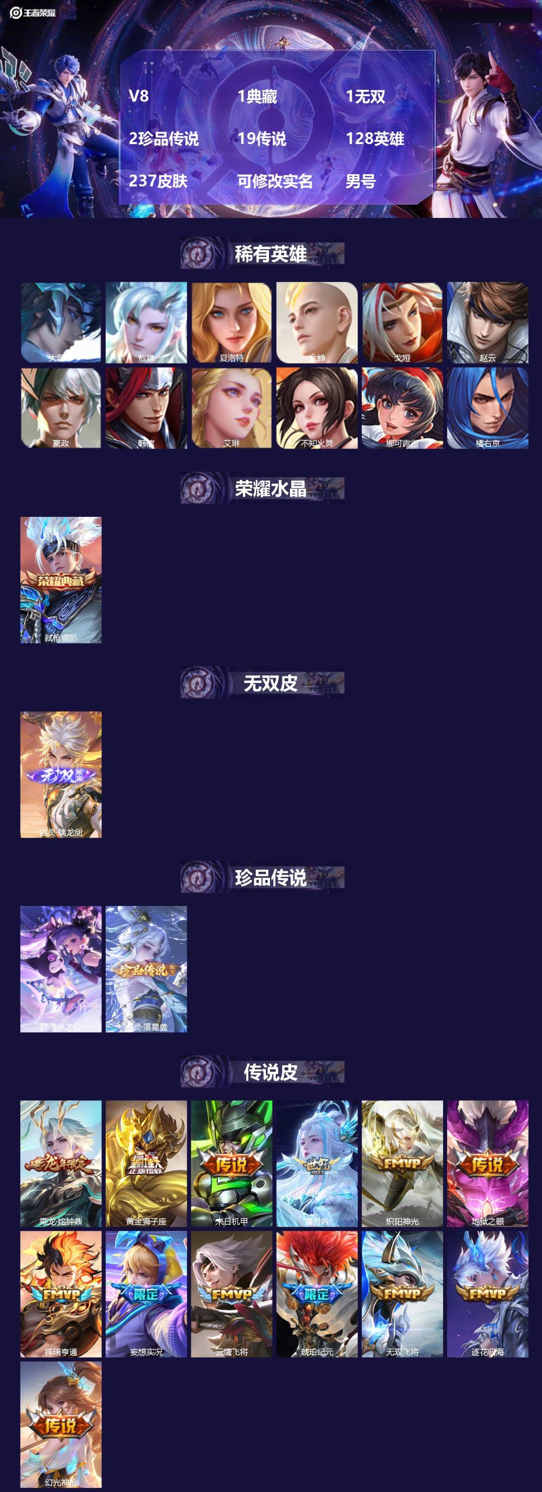 王者荣耀账号苹果QQV8 1典藏 1无双 2珍品传说 19传说 128英雄 237皮肤 可修改实名 男号 
【英雄全皮】