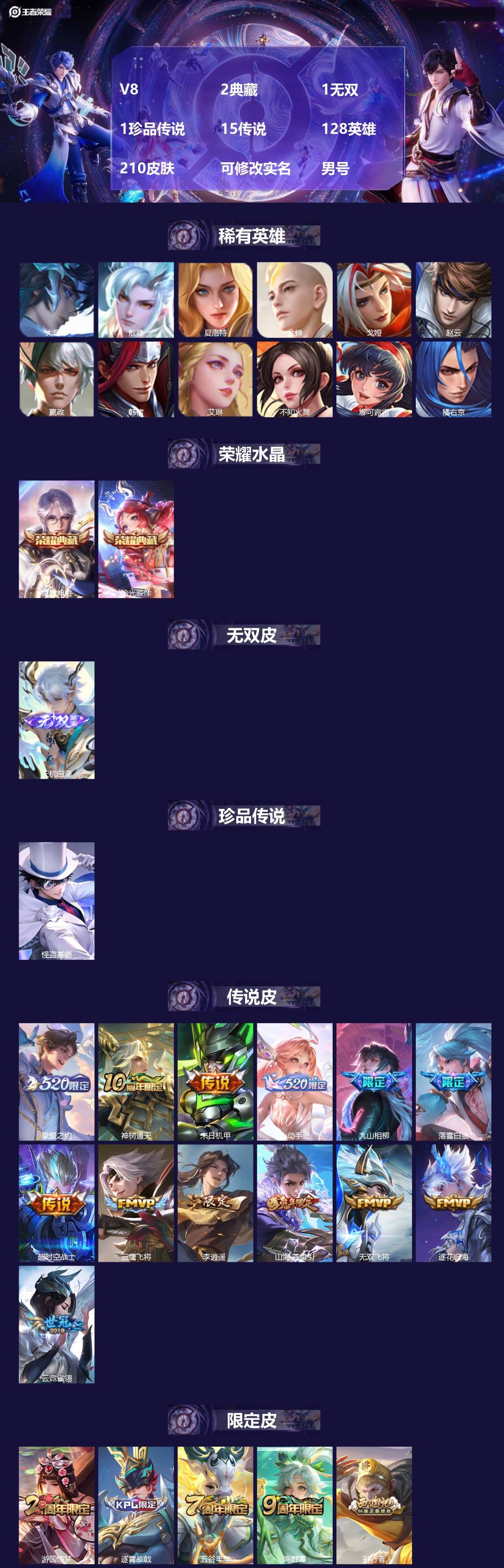 王者荣耀账号苹果QQV8 2典藏 1无双 1珍品传说 15传说 128英雄 210皮肤 可修改实名 男号 
【英雄全皮】