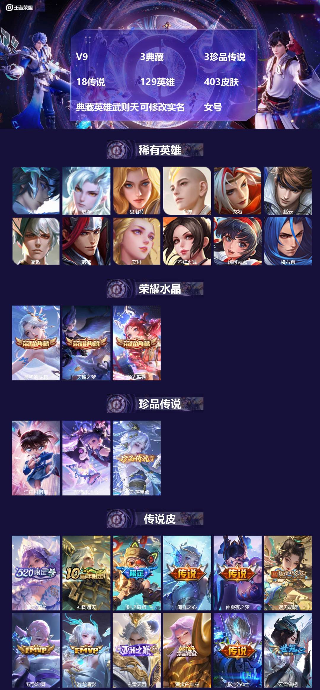 王者荣耀账号苹果QQV9 3典藏 3珍品传说 18传说 129英雄 403皮肤 典藏英雄武则天 可修改实名 女号 
【英