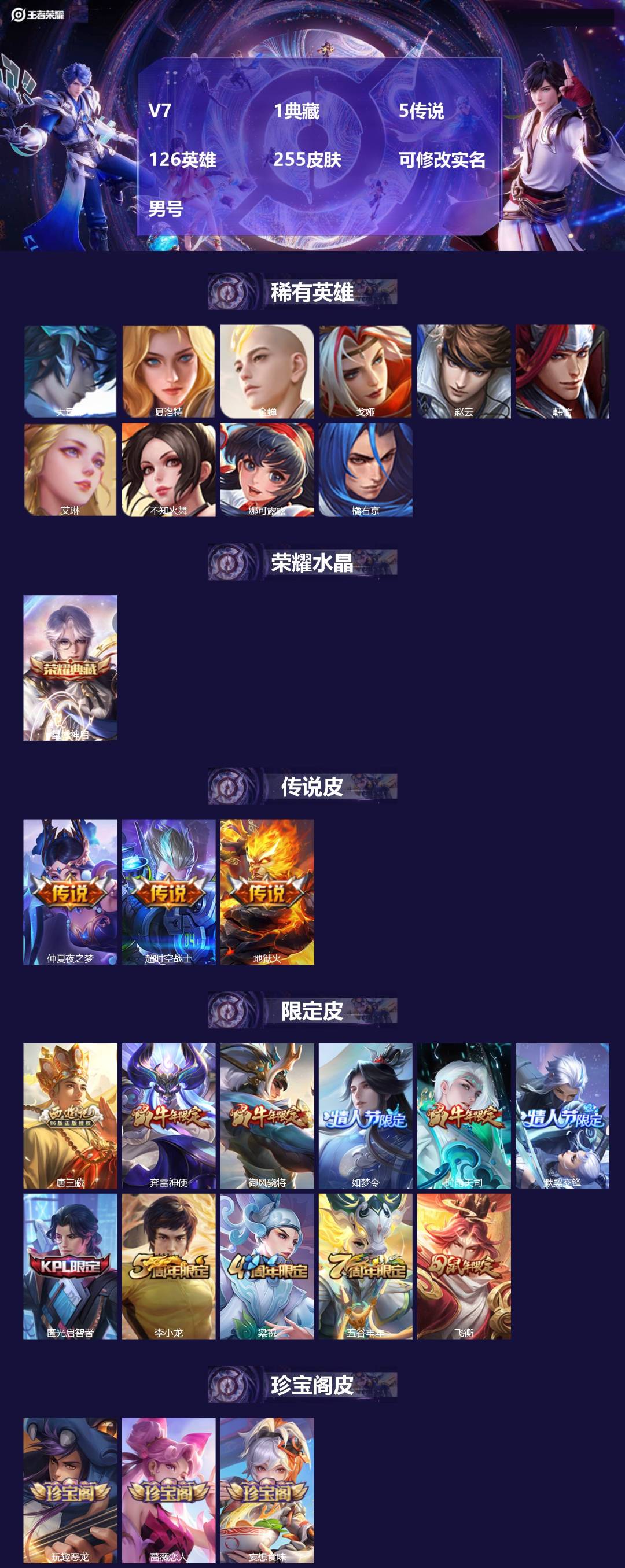 王者荣耀账号安卓QQ126英雄-255皮肤-[]V7 1典藏 5传说 126英雄 255皮肤 可修改实名 男号 
【英雄