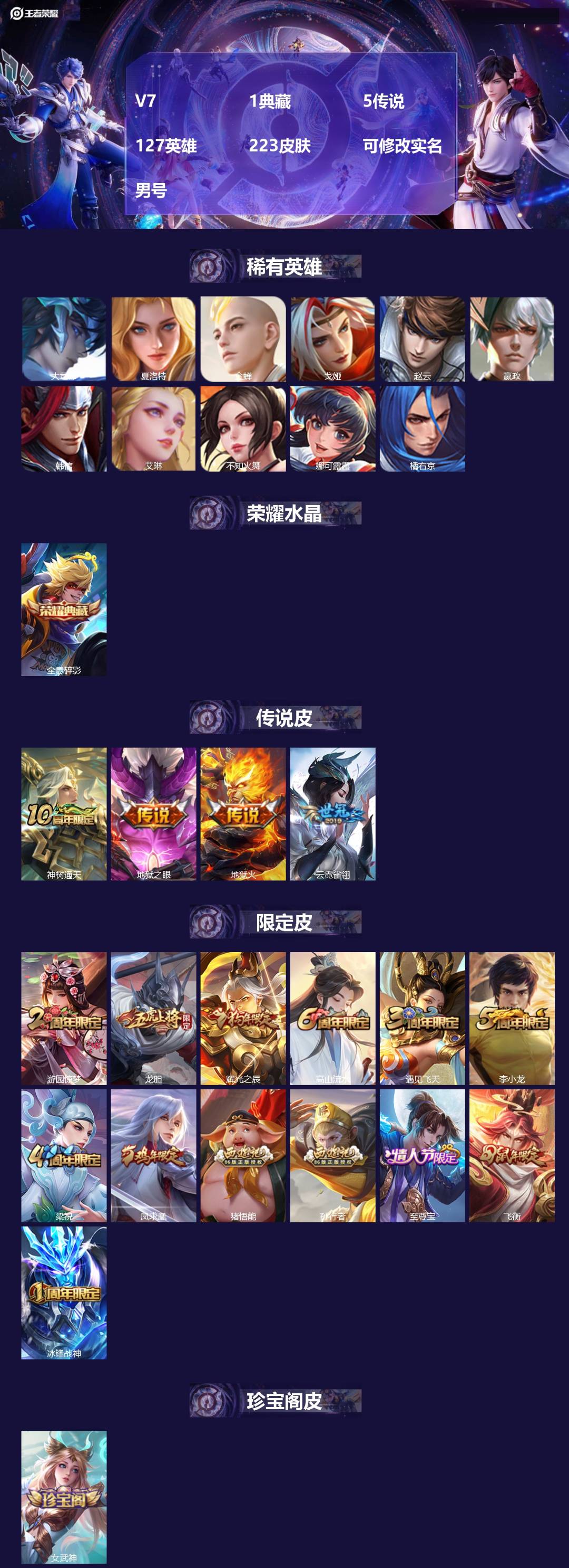 王者荣耀账号苹果QQV7 1典藏 5传说 127英雄 223皮肤 可修改实名 男号 
【英雄全皮】孙权全皮,猪八戒全皮,