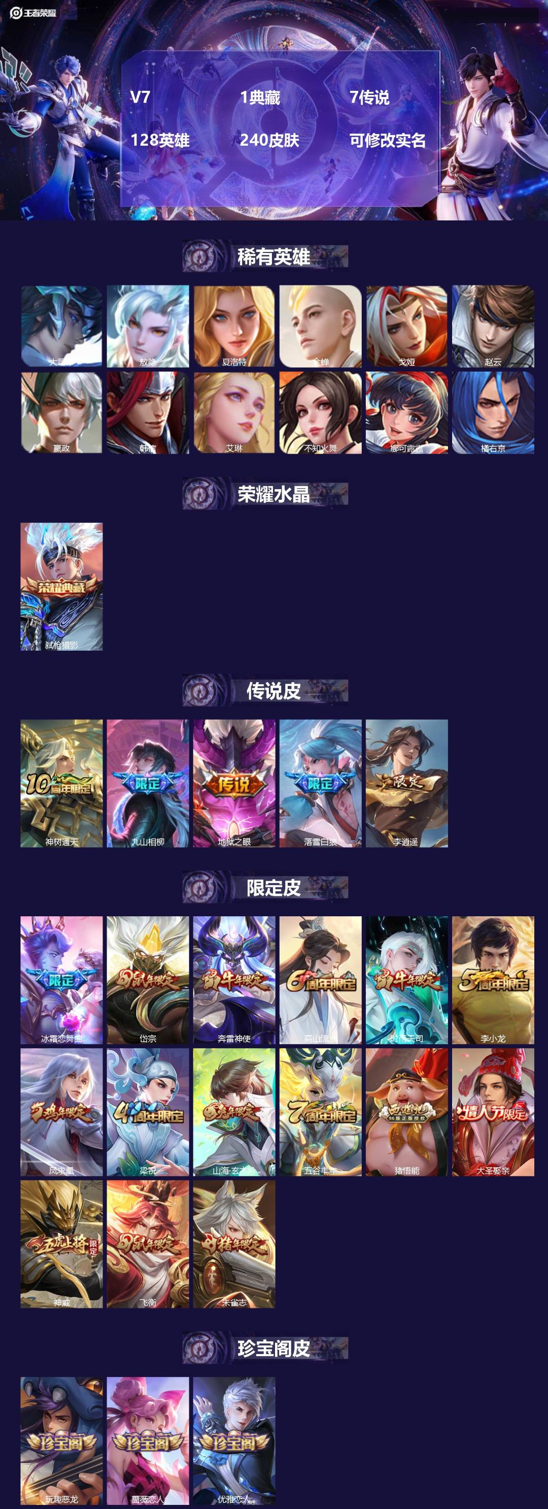 王者荣耀账号安卓QQV7 1典藏 7传说 128英雄 240皮肤 可修改实名 
【英雄全皮】敖隐全皮,空空儿全皮,孙权全