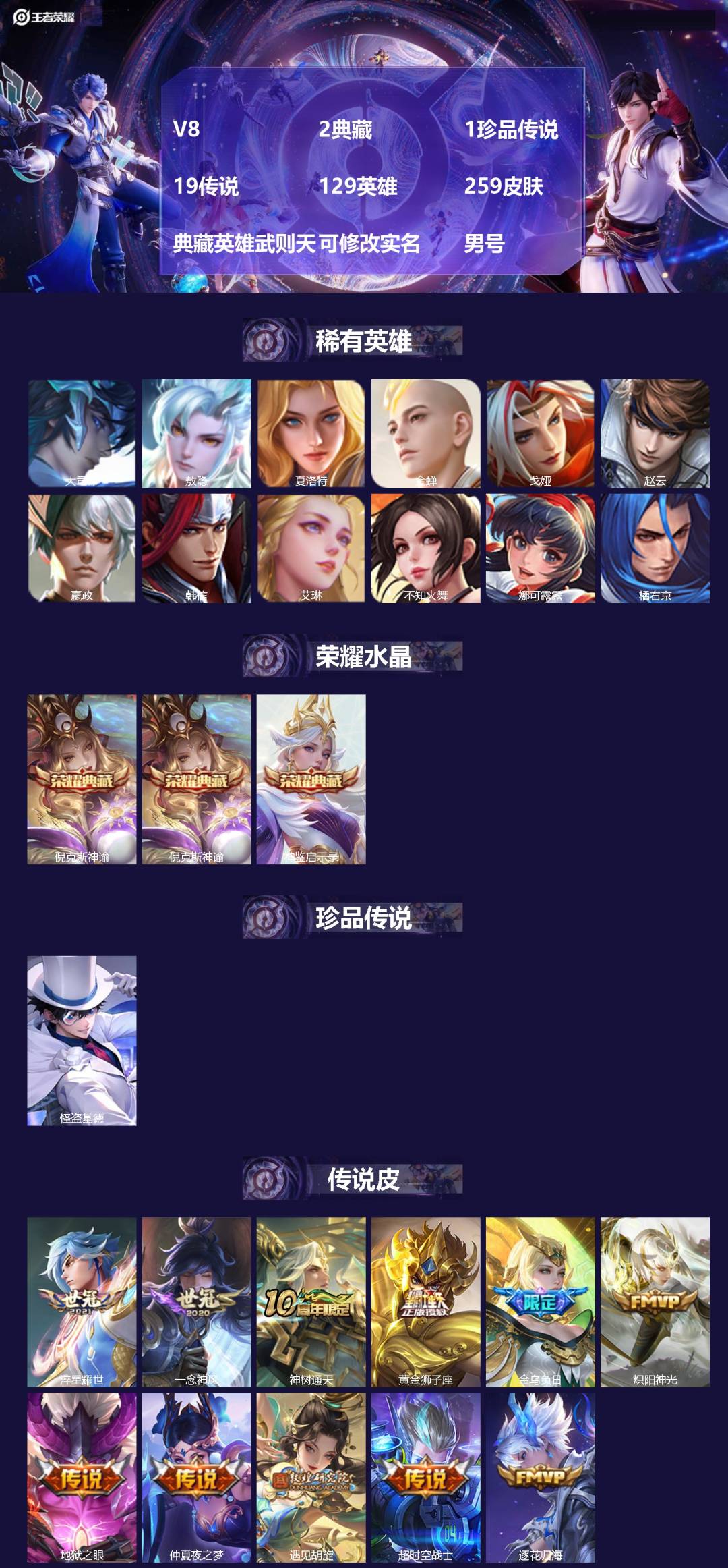 王者荣耀账号安卓QQV8 2典藏 1珍品传说 19传说 129英雄 259皮肤 典藏英雄武则天 可修改实名 男号 
【英