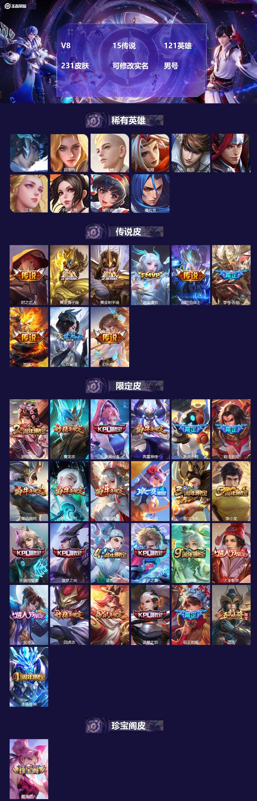 王者荣耀账号安卓QQ121英雄-231皮肤-[]V8 15传说 121英雄 231皮肤 可修改实名 男号 
【稀有英雄】