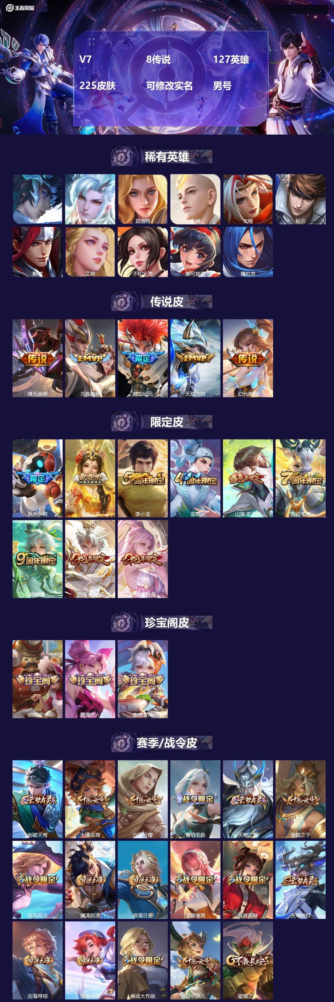 王者荣耀账号安卓QQV7 8传说 127英雄 225皮肤 可修改实名 男号 
【英雄全皮】敖隐全皮,孙权全皮,蚩奼全皮,