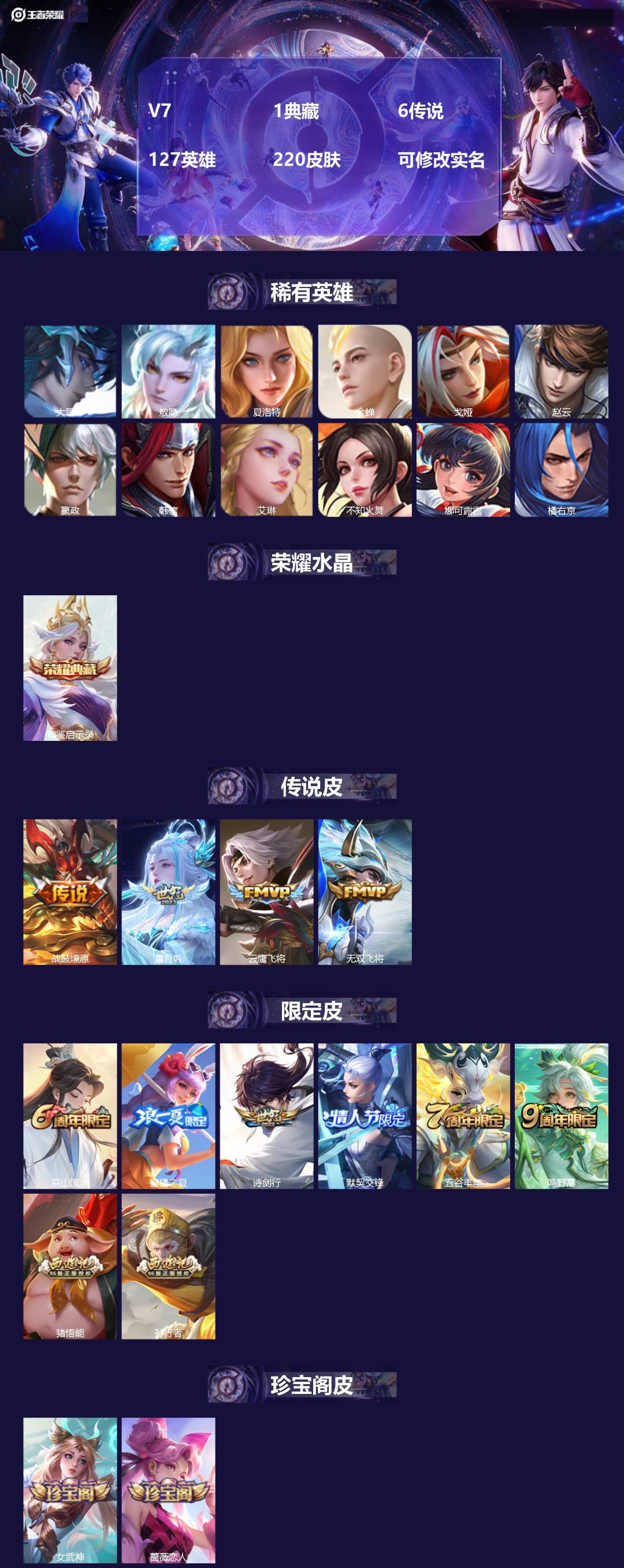 王者荣耀账号安卓QQV7 1典藏 6传说 127英雄 220皮肤 可修改实名 
【英雄全皮】敖隐全皮,空空儿全皮,影全皮