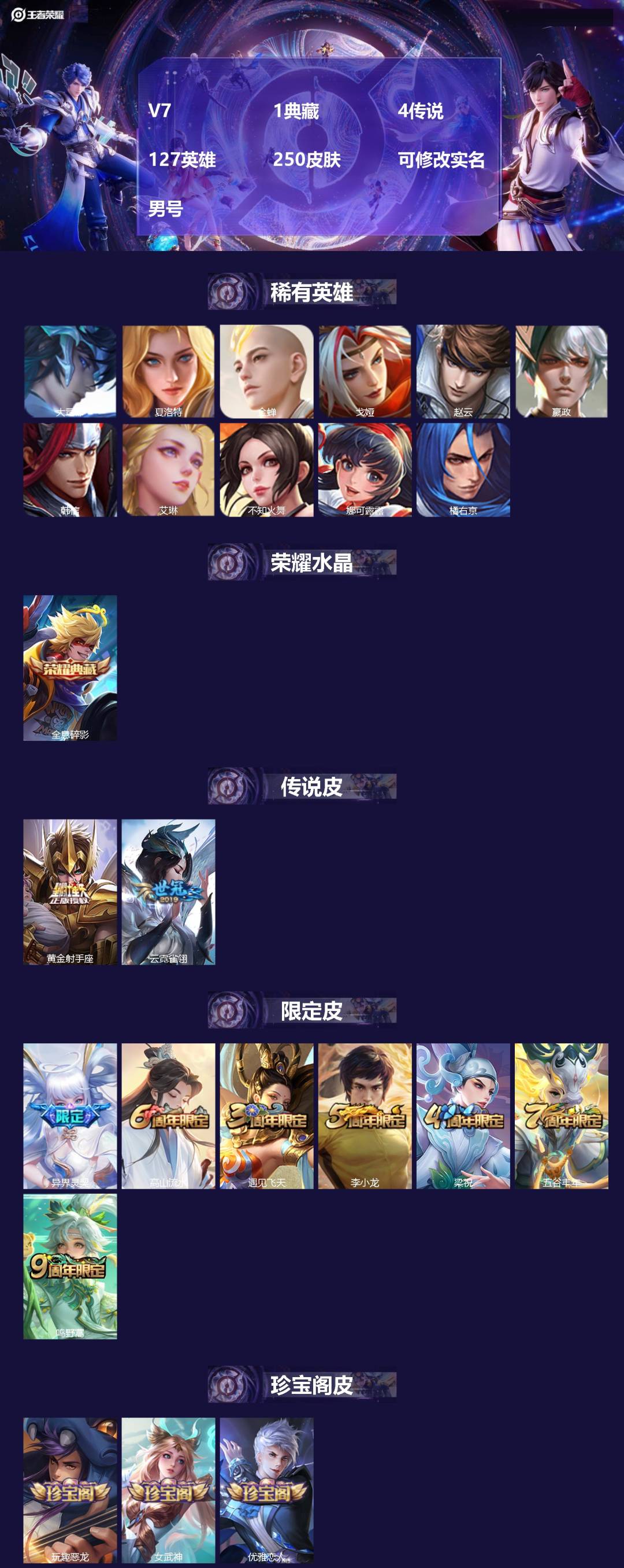 王者荣耀账号安卓QQ127英雄-250皮肤-[]V7 1典藏 4传说 127英雄 250皮肤 可修改实名 男号 
【英雄