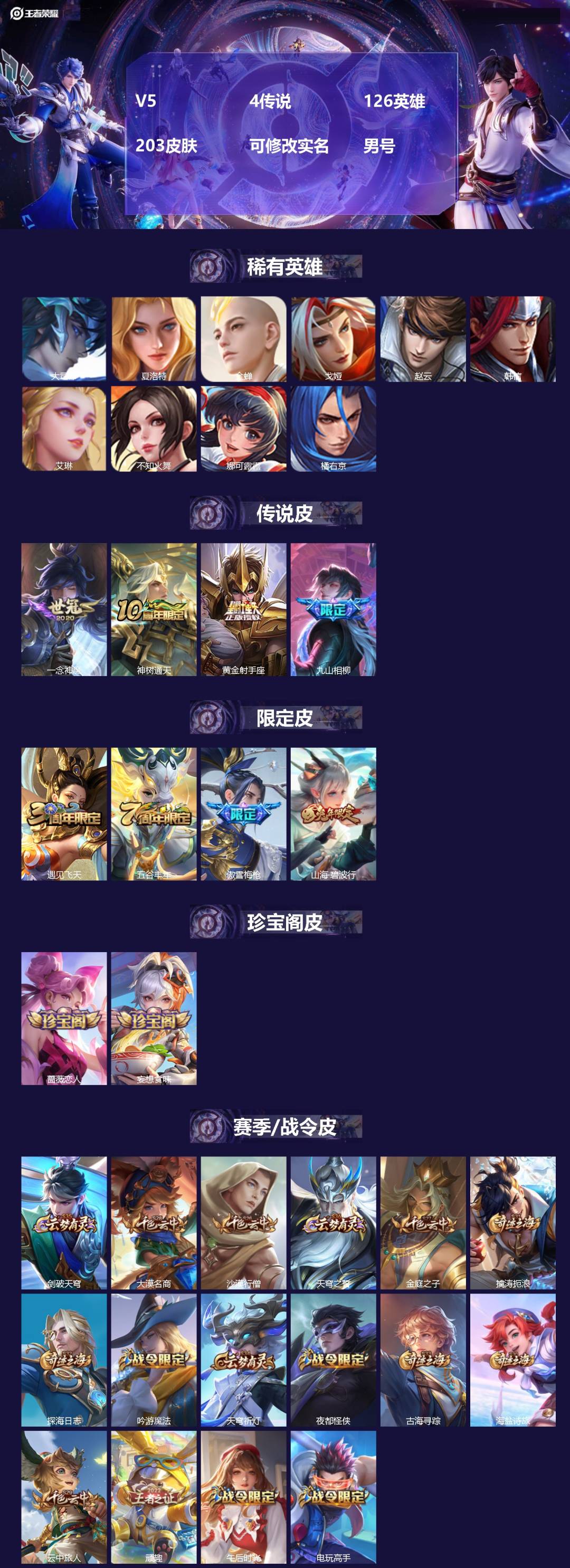 王者荣耀账号苹果QQV5 4传说 126英雄 203皮肤 可修改实名 男号 
【英雄全皮】空空儿全皮,蚩奼全皮,司马懿全