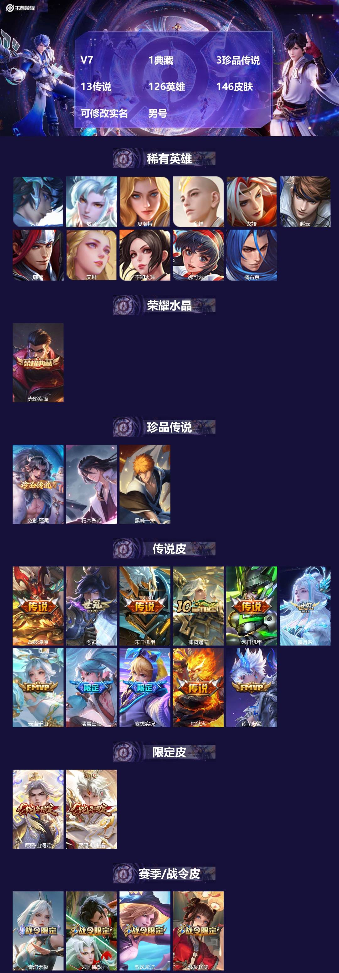 王者荣耀账号苹果QQV7 1典藏 3珍品传说 13传说 126英雄 146皮肤 可修改实名 男号 
【英雄全皮】敖隐全皮