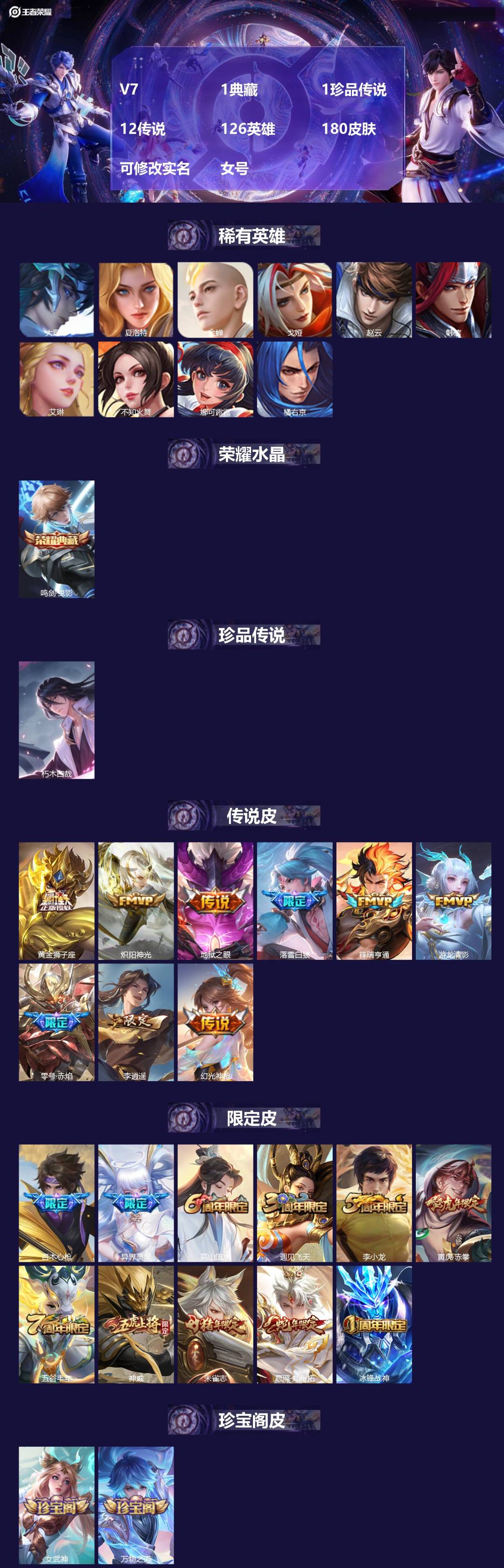 王者荣耀账号苹果QQV7 1典藏 1珍品传说 12传说 126英雄 180皮肤 可修改实名 女号 
【英雄全皮】大禹全皮