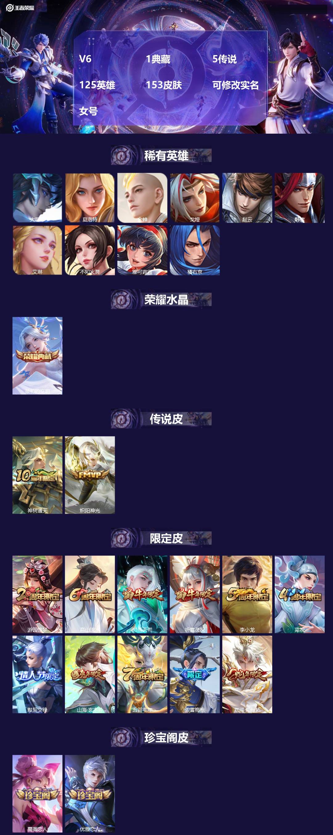 王者荣耀账号安卓QQV6 1典藏 5传说 125英雄 153皮肤 可修改实名 女号 
【稀有英雄】大司命,韩信(韩跳跳)