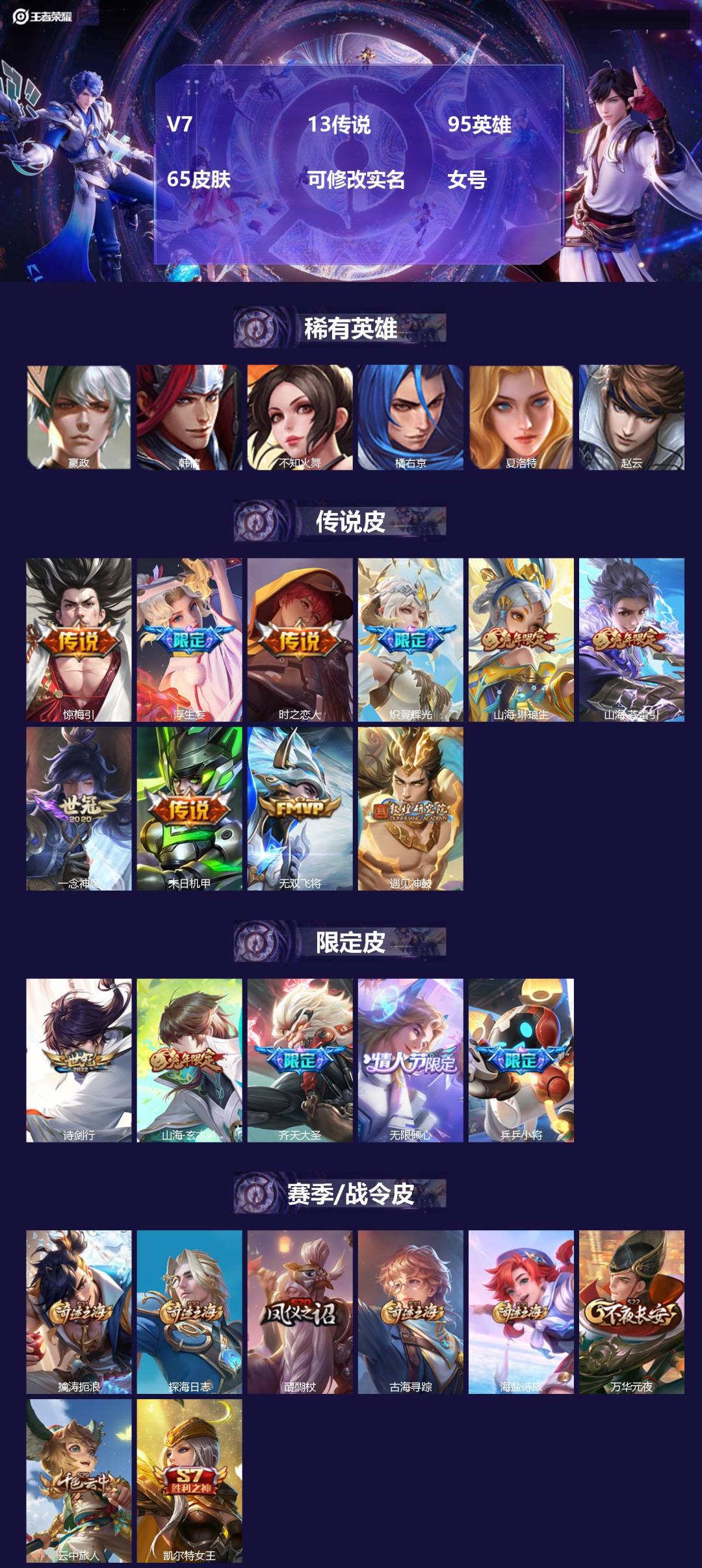 王者荣耀账号安卓QQV7 13传说 95英雄 65皮肤 可修改实名 女号 
【稀有英雄】嬴政(始皇帝),韩信(韩跳跳),