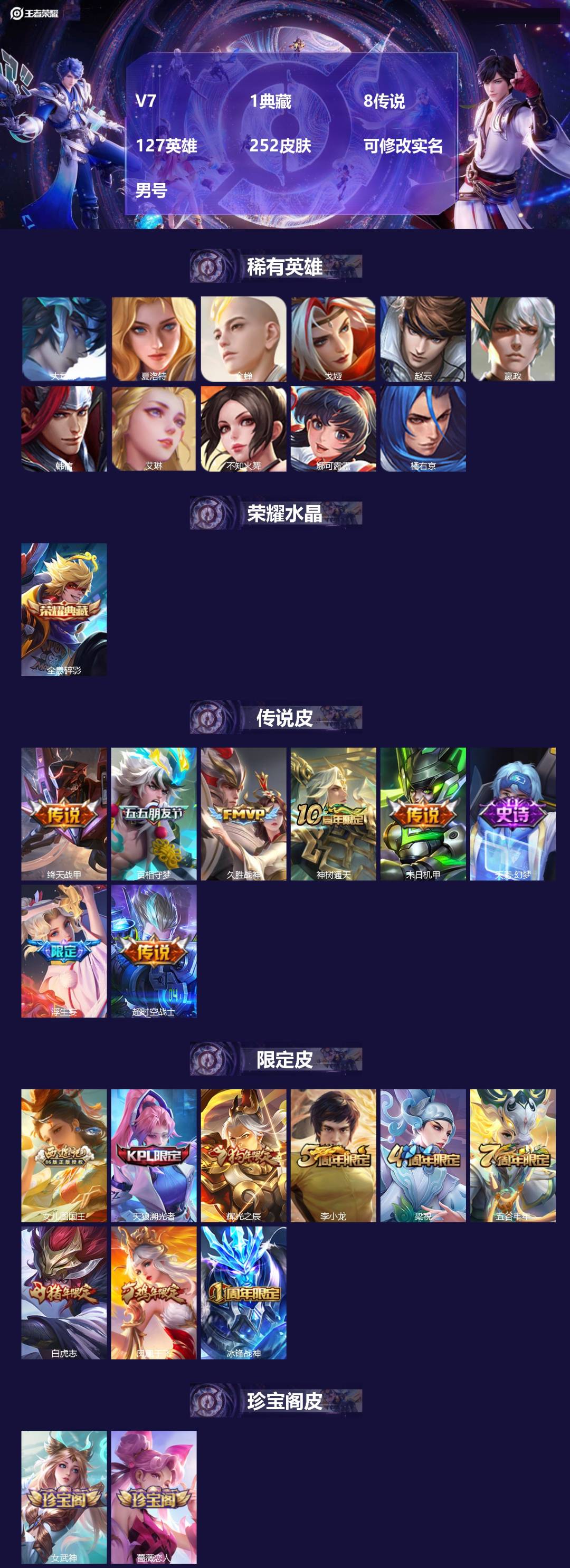 王者荣耀账号安卓QQ127英雄-252皮肤-[]V7 1典藏 8传说 127英雄 252皮肤 可修改实名 男号 
【英雄