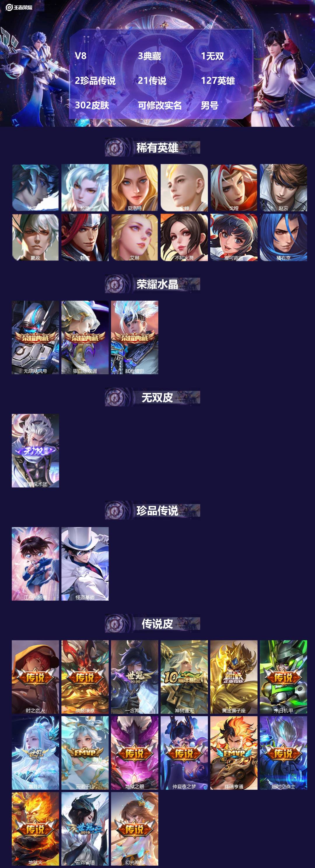 王者荣耀账号安卓QQ127英雄-302皮肤-[]V8 3典藏 1无双 2珍品传说 21传说 127英雄 302皮肤 可修