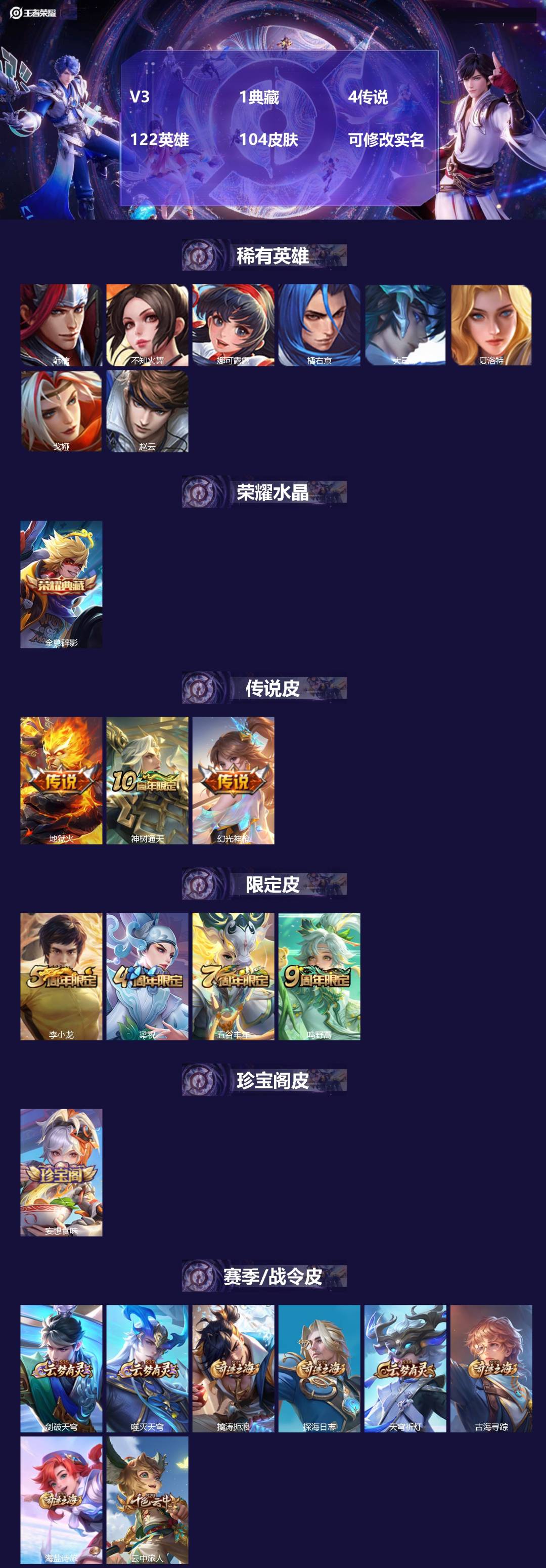 王者荣耀账号苹果QQ122英雄-104皮肤-[]V3 1典藏 4传说 122英雄 104皮肤 可修改实名 
【英雄全皮】