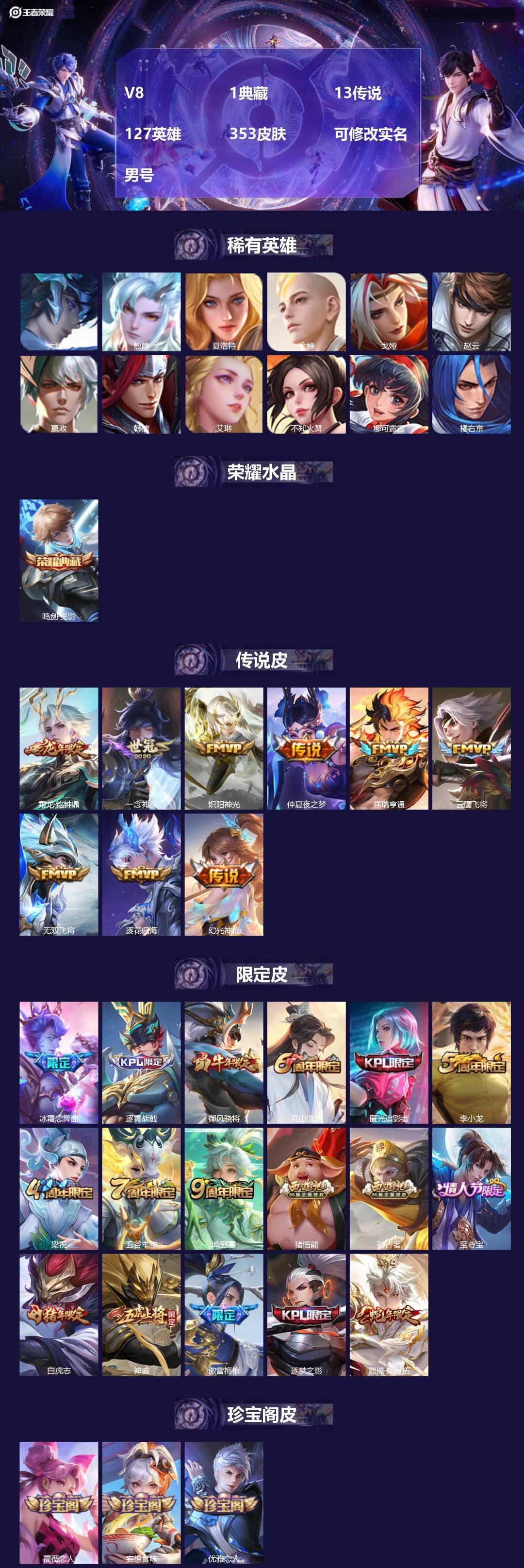 王者荣耀账号安卓QQ[16294747]V8 1典藏 13传说 127英雄 353皮肤 可修改实名 男号 
【英雄全皮】