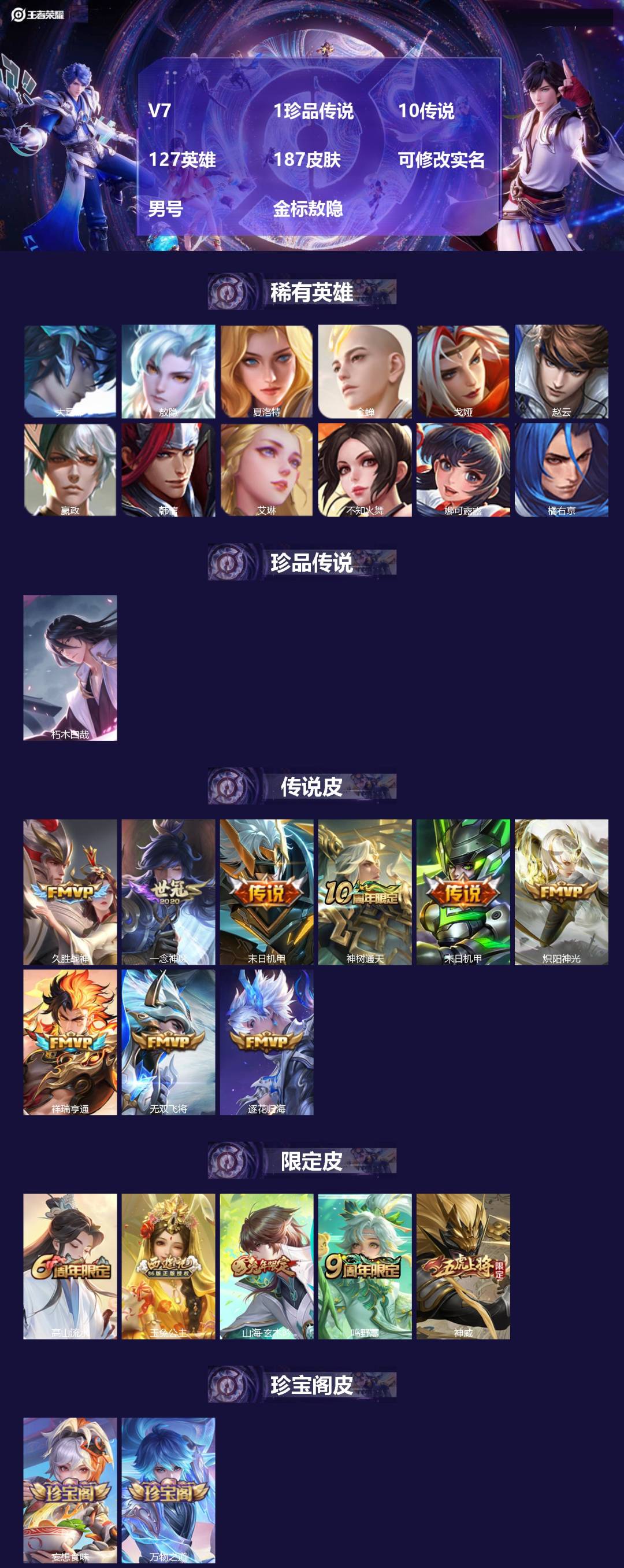 王者荣耀账号苹果QQ[16295027]V7 1珍品传说 10传说 127英雄 187皮肤 可修改实名 男号 金标敖隐
